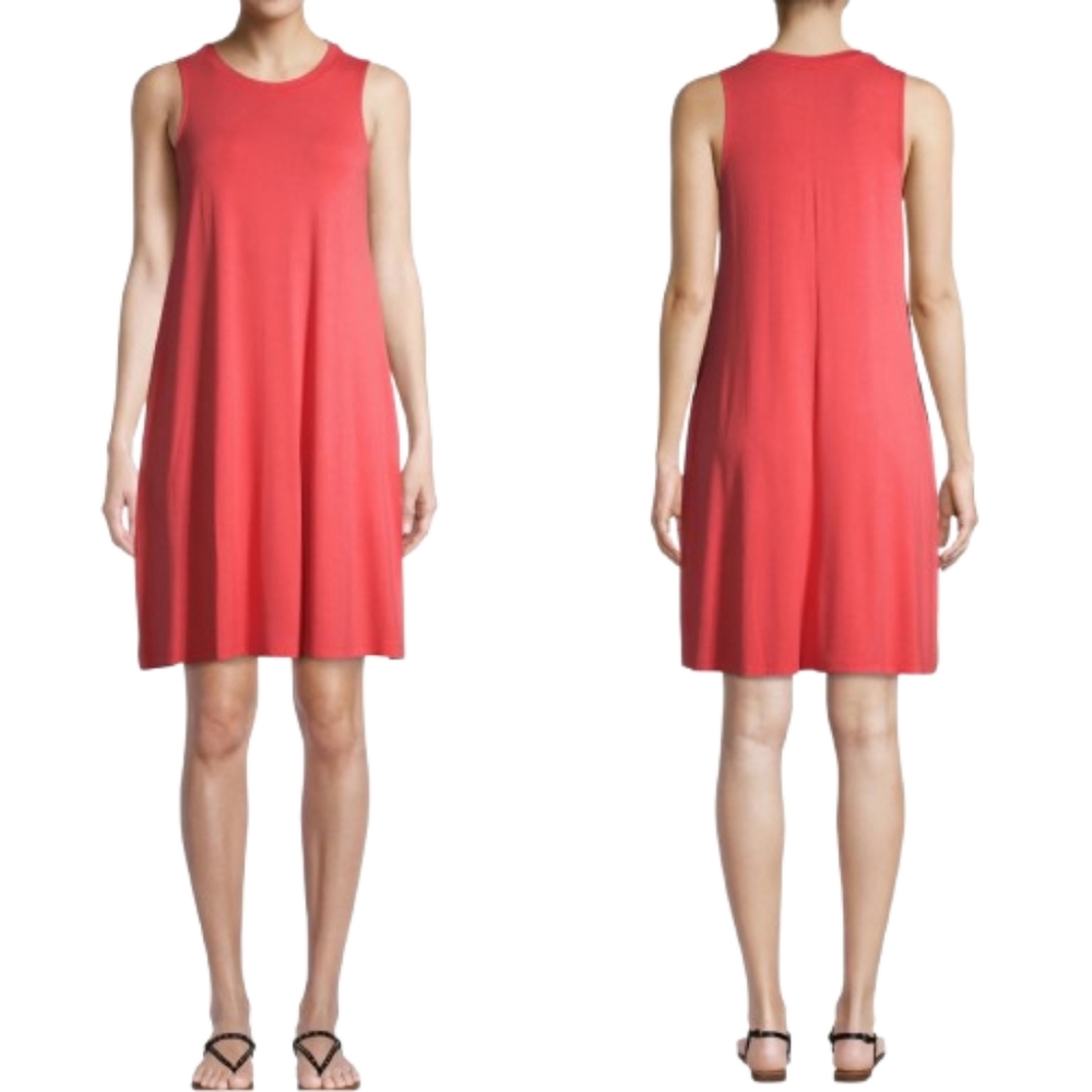 Time & Tru Orange Sleeveless Knit Dress Pockets Pullover Stretchy Casual